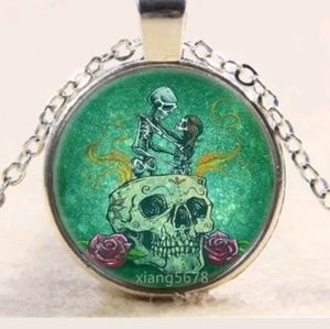 Green Flower Sugar Skull Silver & Glass Necklace